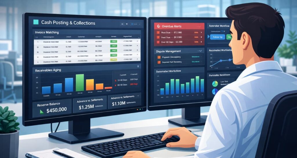 Factoring company dashboard showing accurate collections and cash posting data